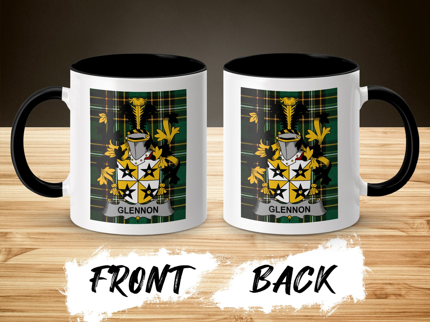 Mug with the Glennon family crest on the front and back.