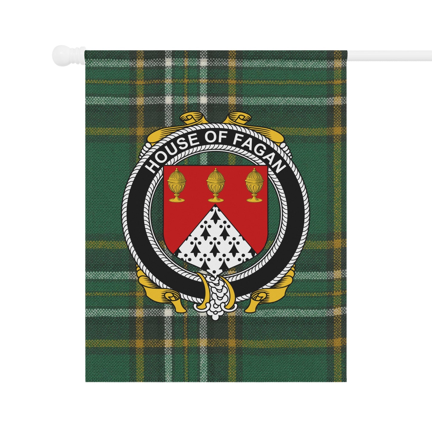 House of Fagan Crest on Green Plaid Pattern Flag