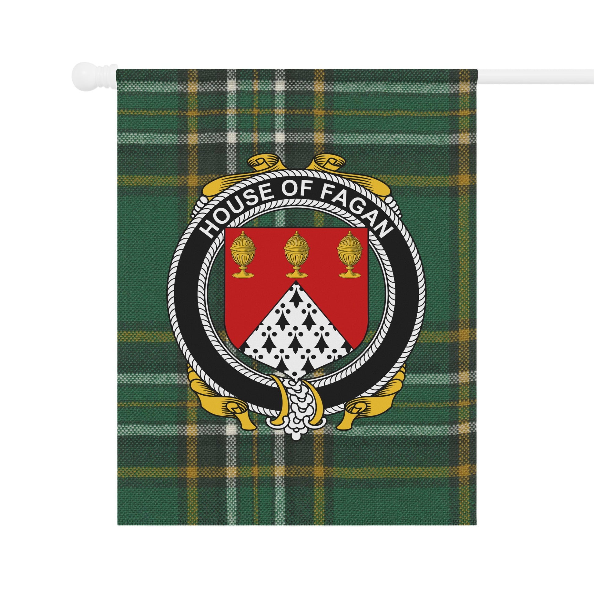 House of Fagan Crest on Green Plaid Pattern Flag