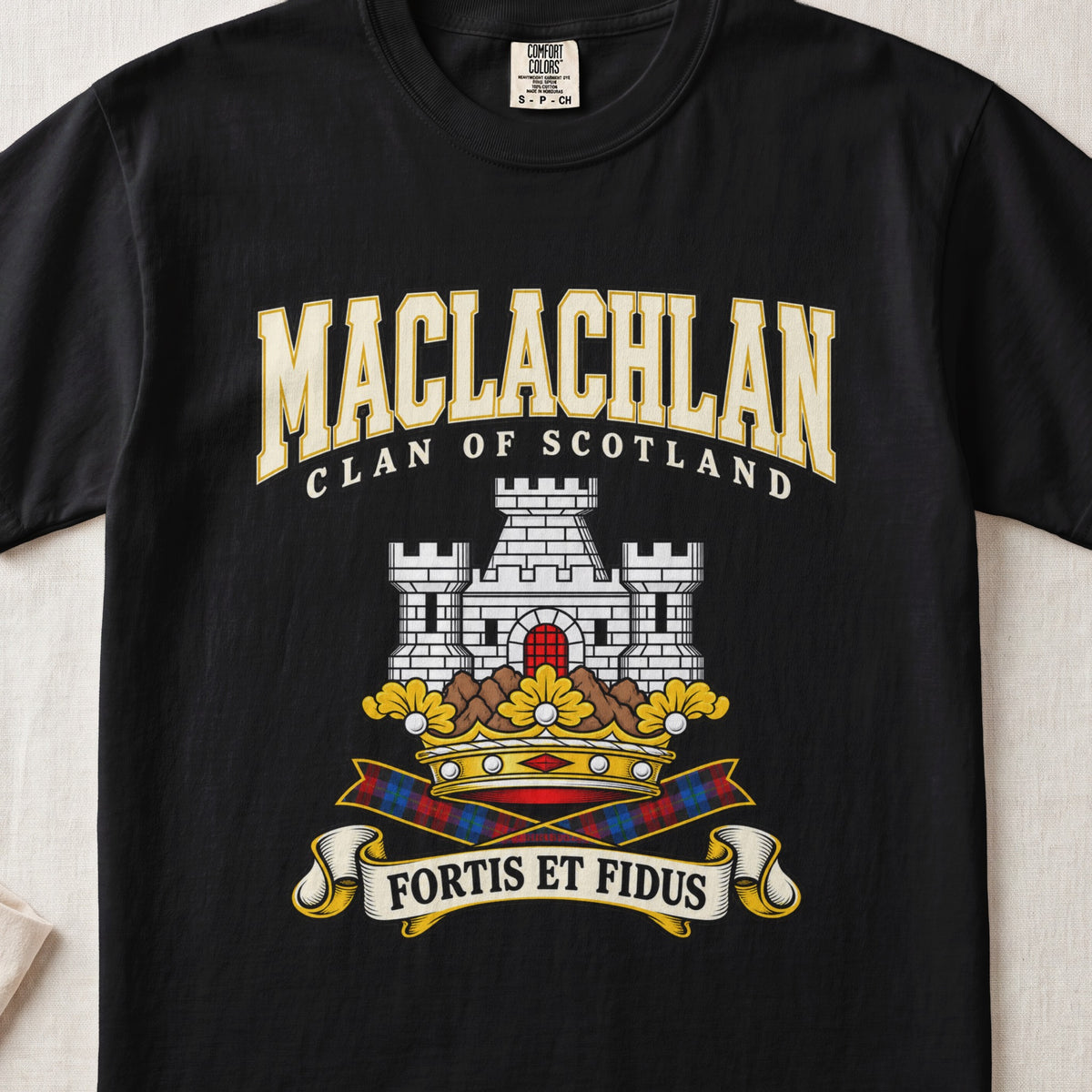 MacLachlan Scottish clan graphic T-shirt in Black, front view