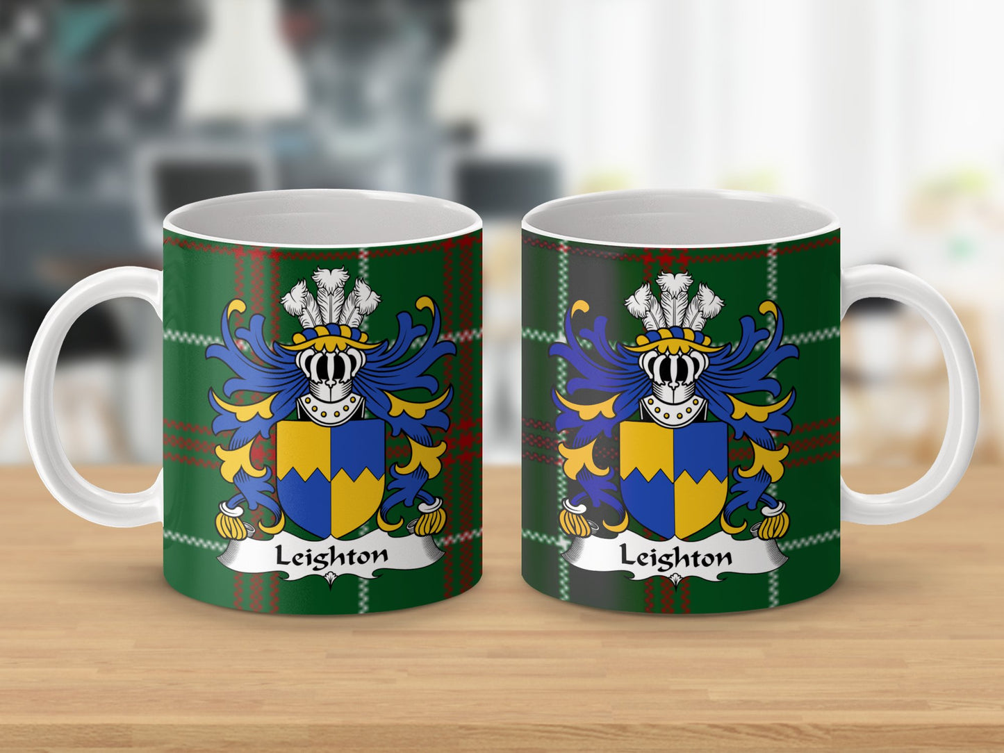 Leighton Coat of Arms on Welsh Tartan Background Mug - Living Stone Gifts