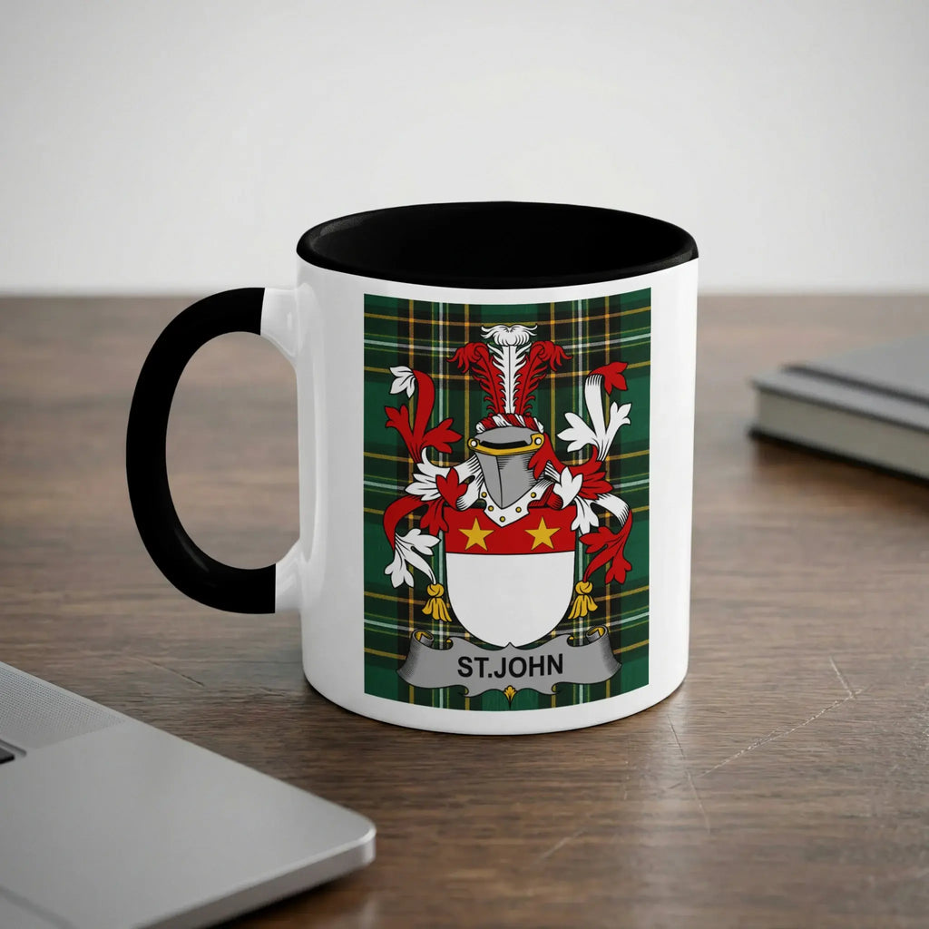 St. John Irish heritage mug with black interior and family crest