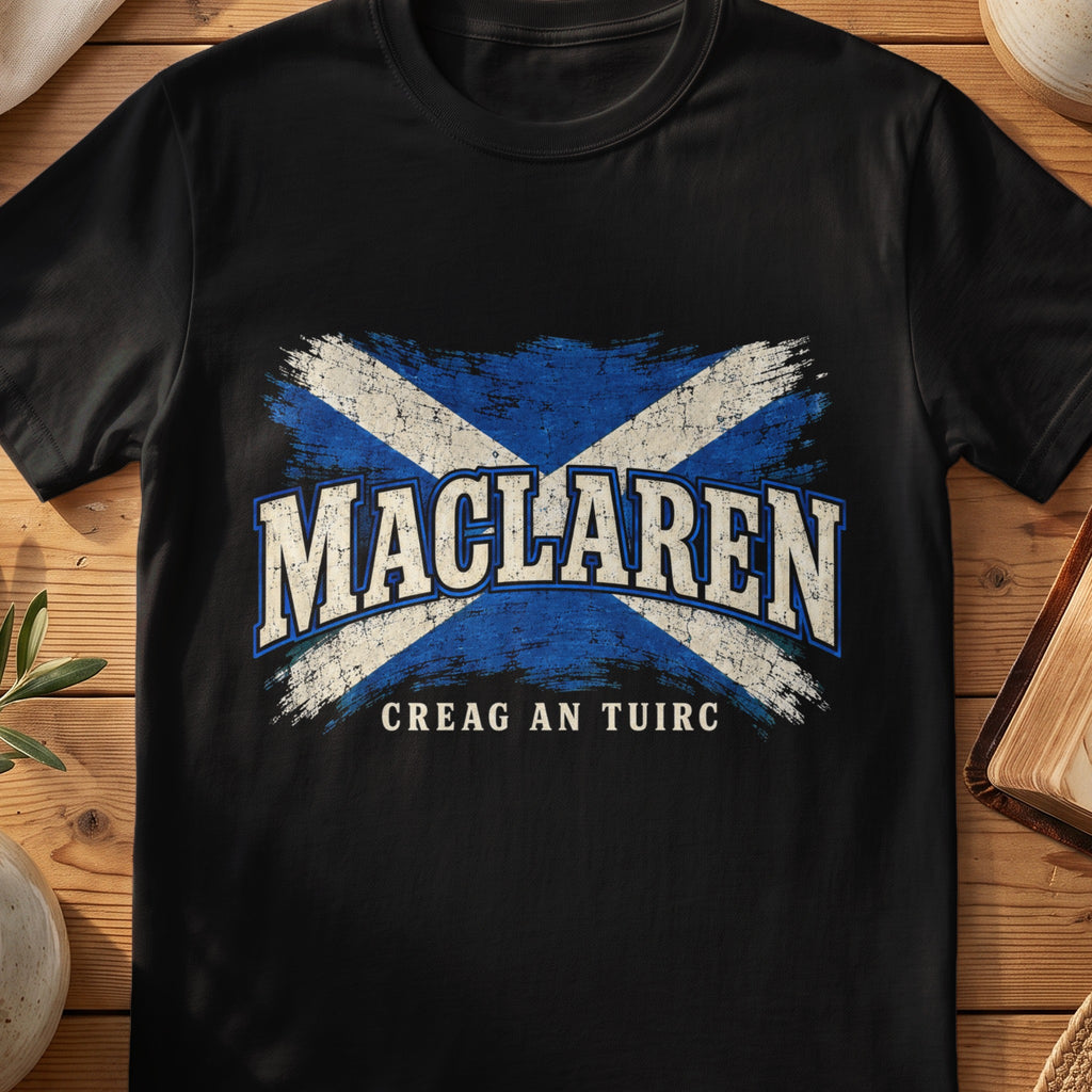 MacLaren Scottish Saltire T-shirt in Black, with distressed blue and cream flag and “Creag an Tuirc” lettering.