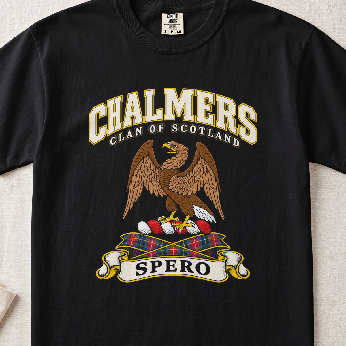Chalmers Scottish clan T-shirt in Black, front view with a brown eagle with raised wings and motto banner.