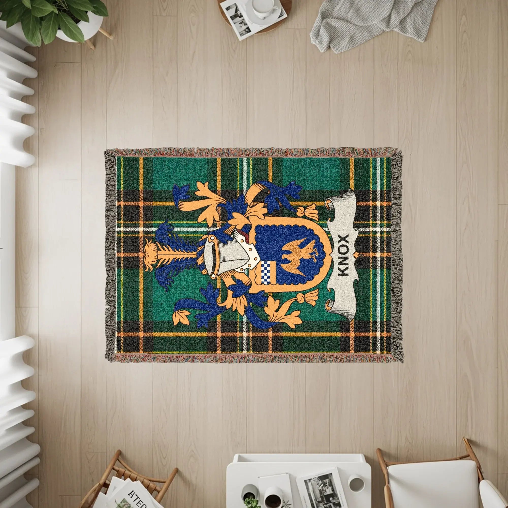 KNOX tartan crest throw blanket with gold and blue shield and heraldic details.