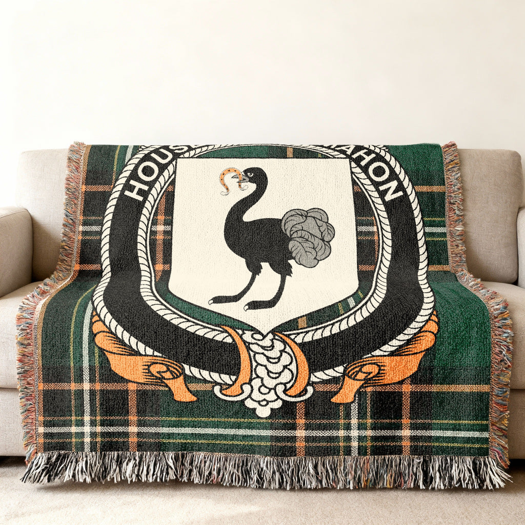 MacMahon Irish National Tartan woven blanket displayed on a sofa
