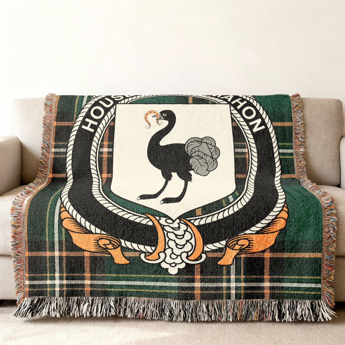 MacMahon Irish National Tartan woven blanket displayed on a sofa
