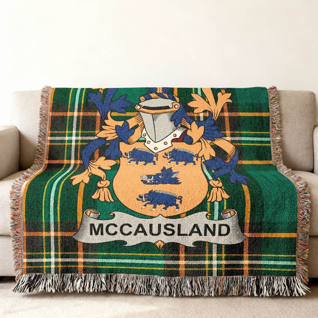 McAusland tartan throw blanket with family crest and fringe.