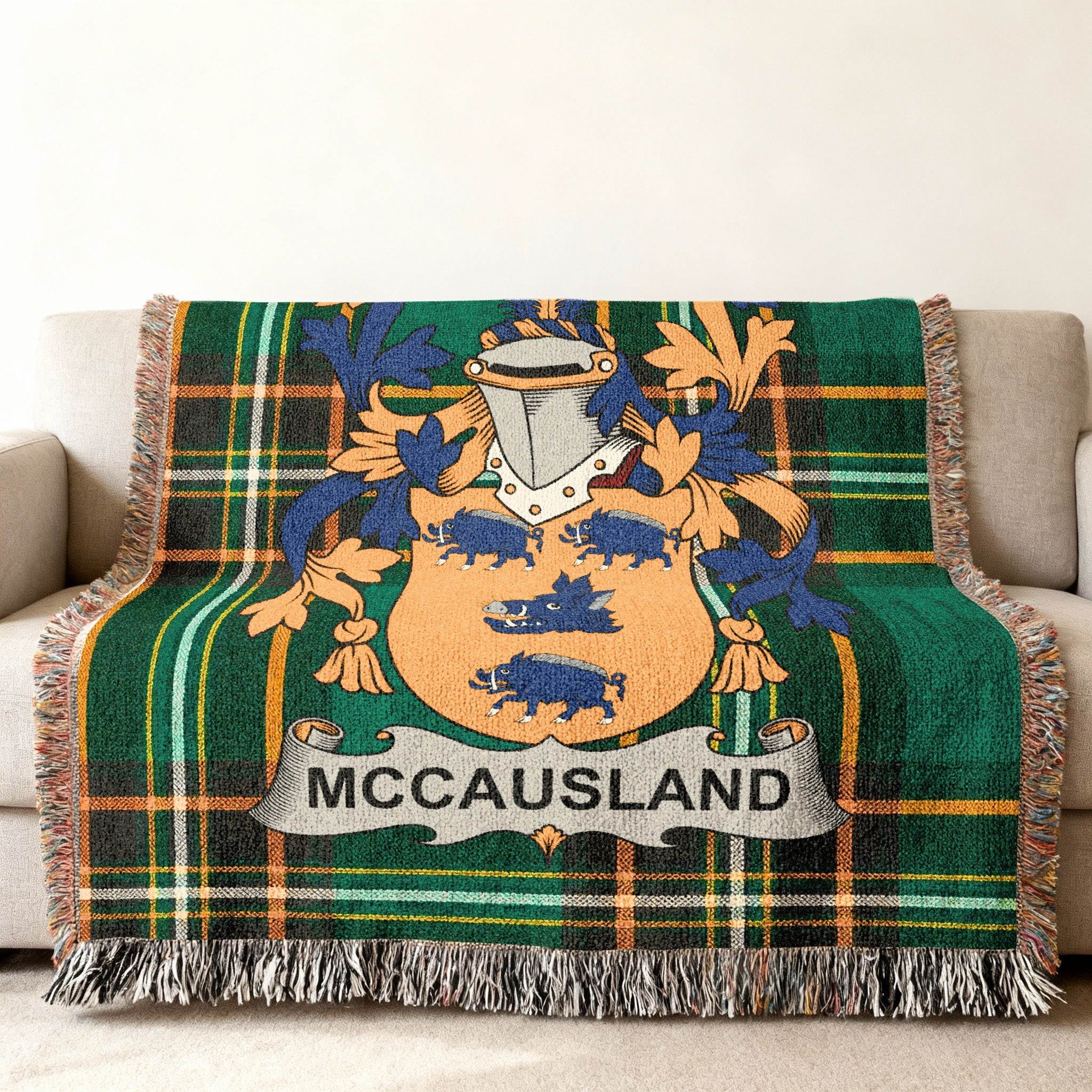 McAusland tartan throw blanket with family crest and fringe.