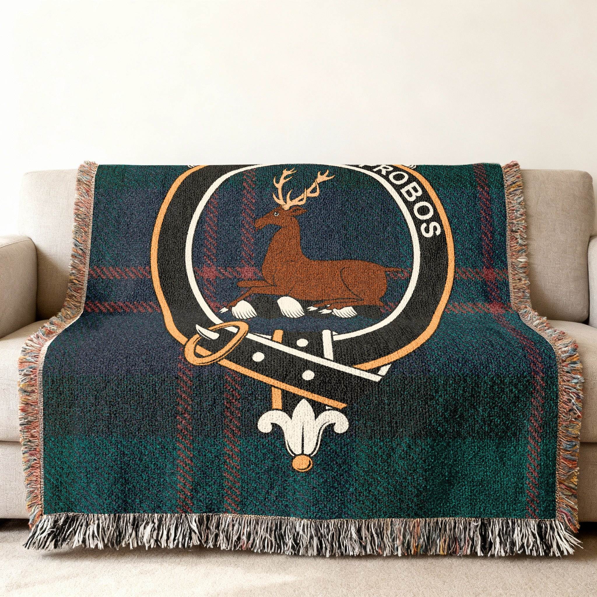 Blair clan crest with stag woven into tartan blanket — 100% cotton, heraldic deer design throw