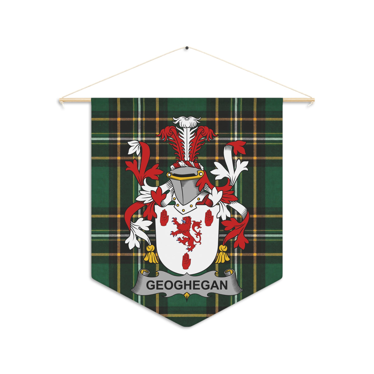 Geoghegan family crest on green tartan pennant banner with wooden rod and string.