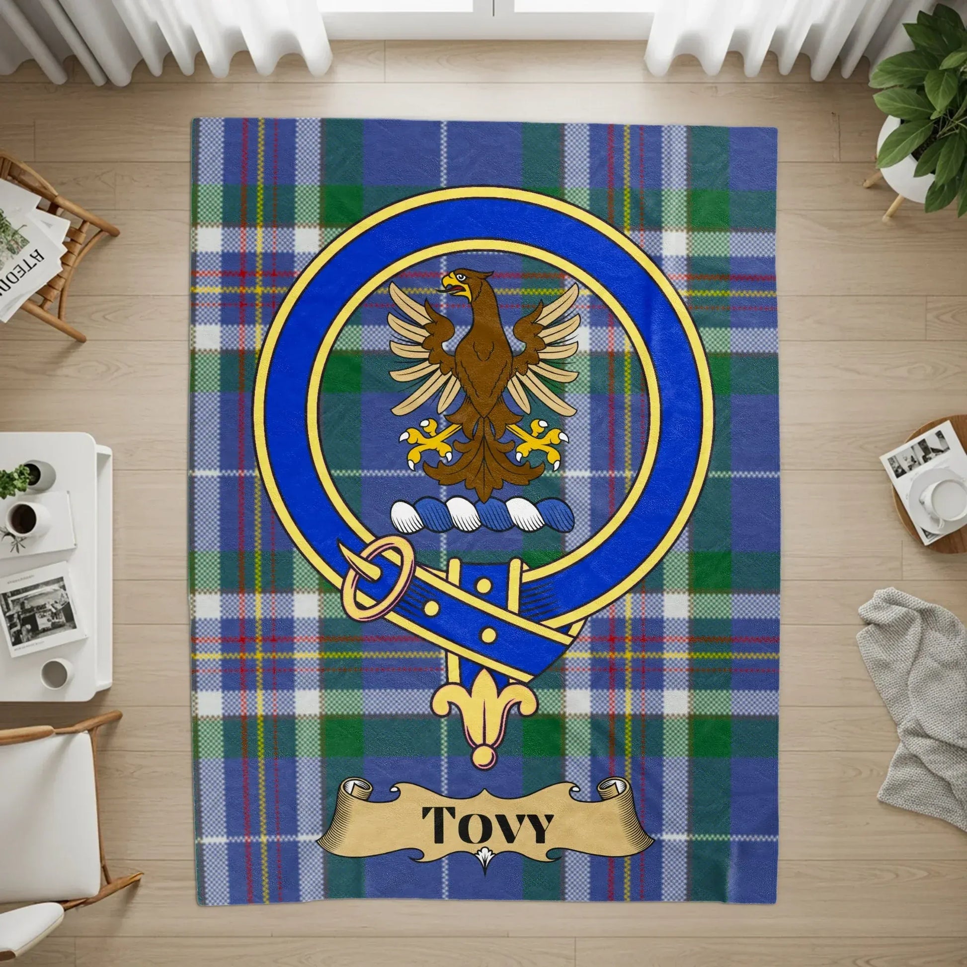 Tovy Crest Emblem on Blue Green Plaid Background Rug product
