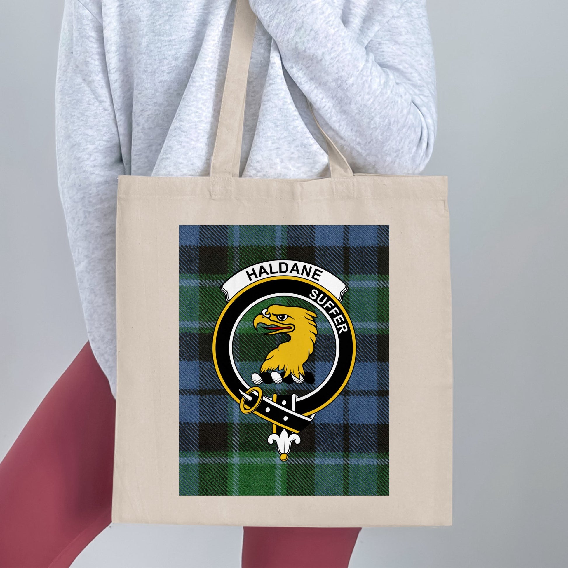 Haldane Scottish Clan Crest on Tartan Tote Bag - Living Stone Gifts