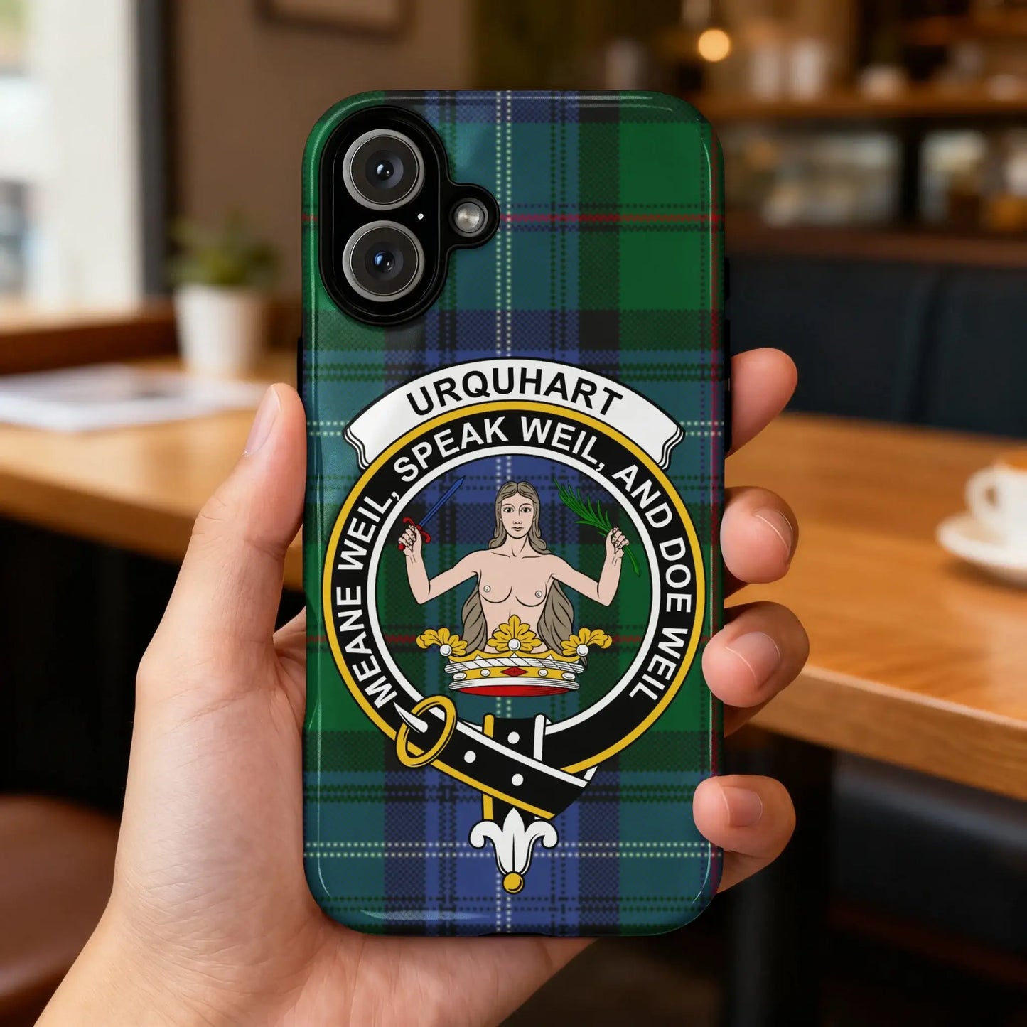 Urquhart Tartan Phone Case with Clan Crest and Motto