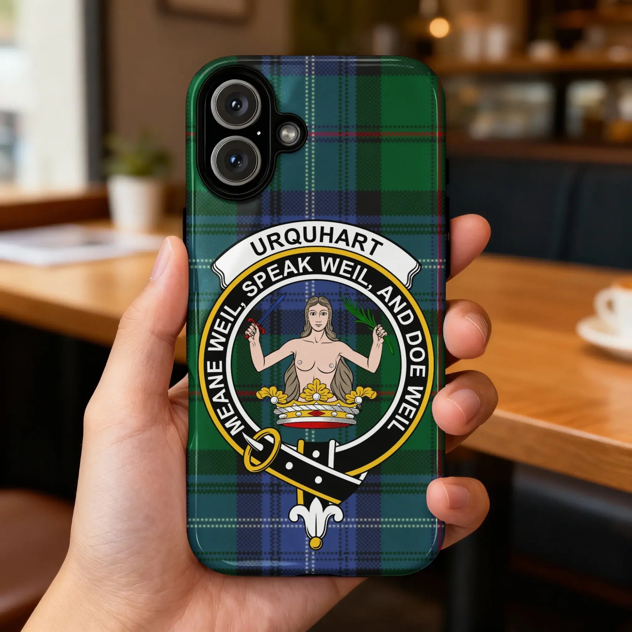 Clan Urquhart tartan phone case with meane weil crest and motto — glossy, iPhone shown
