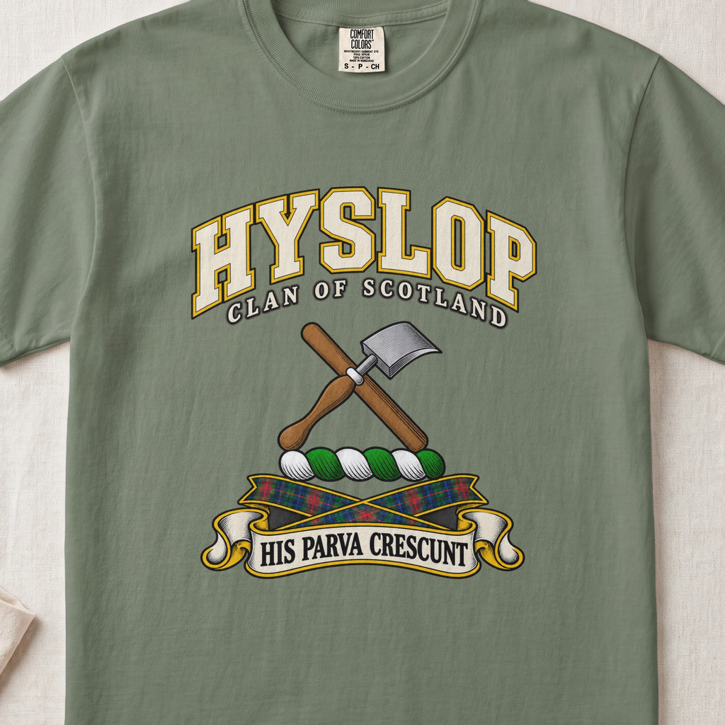Hyslop Scottish clan T-shirt in Moss, front view with crossed hand tools, one with a silver blade and motto design.