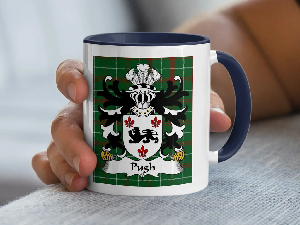 Pugh Welsh family crest mug with navy handle and tartan pattern