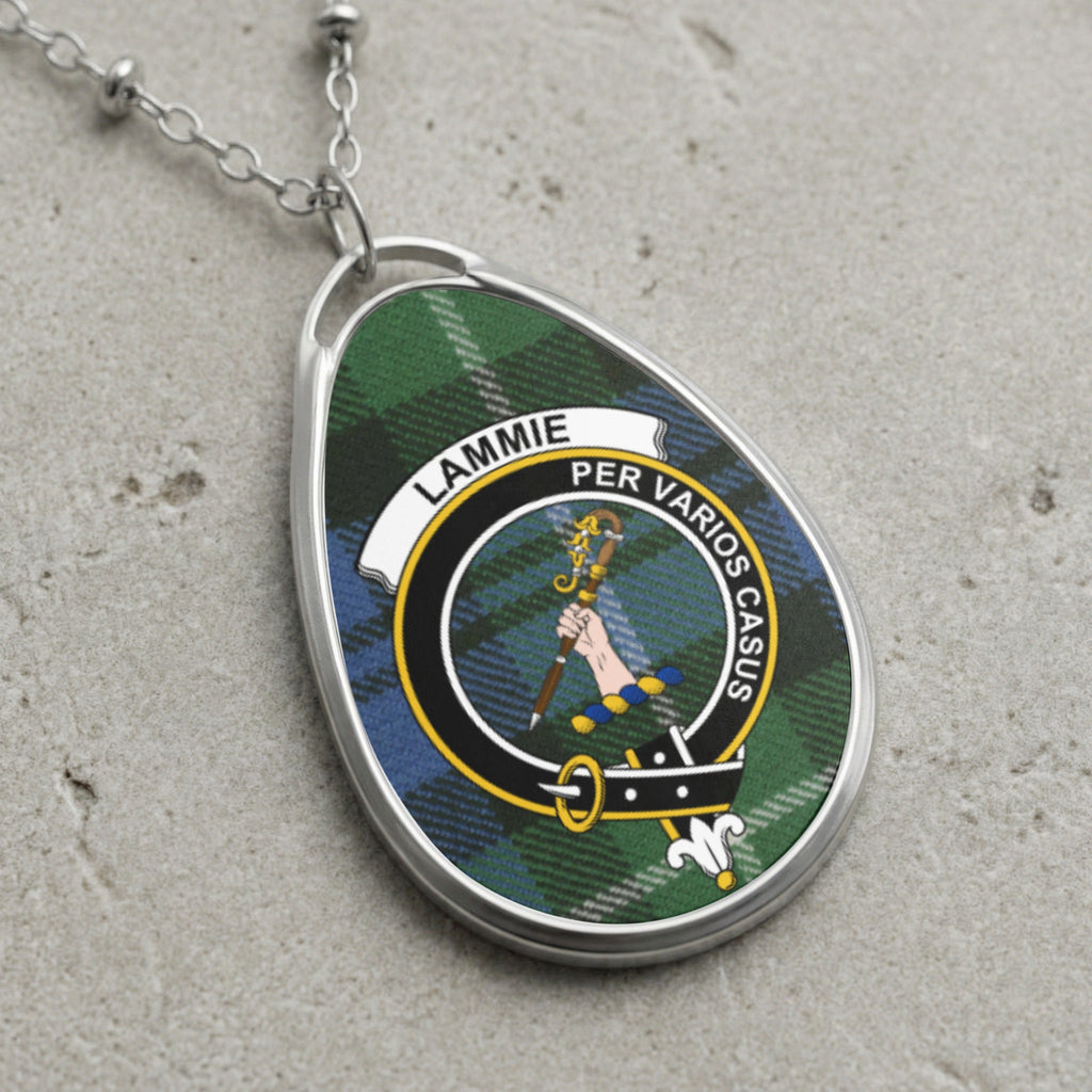 Lammie clan Scottish tartan necklace with clan crest and Per Varios Casus motto on tartan background