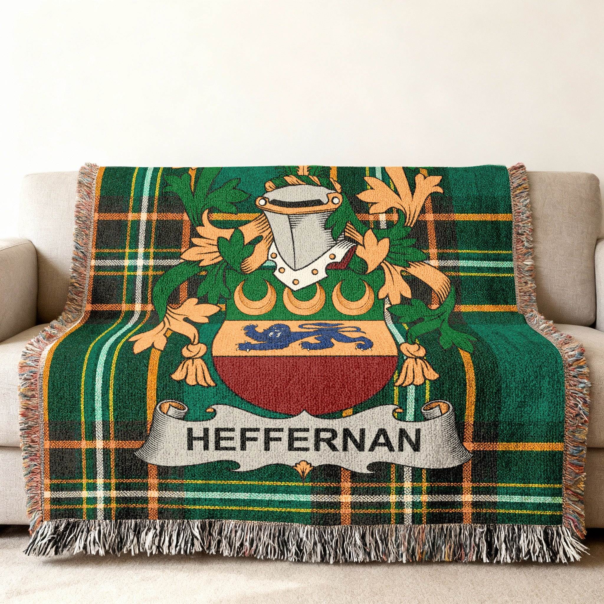 Heffernan family crest on a green plaid throw blanket.