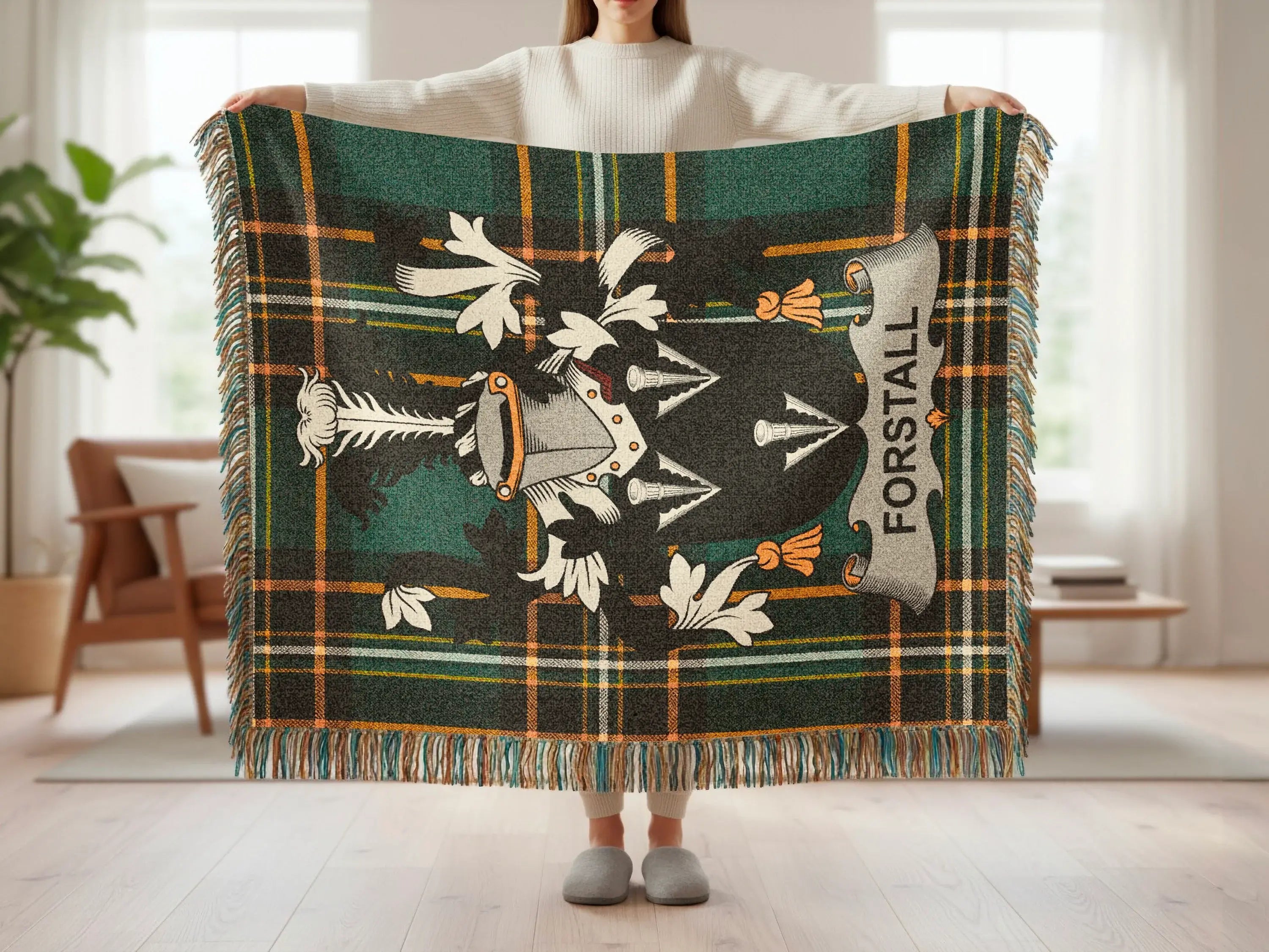 Green tartan blanket with white heraldic crest and "FORSTALL" text.