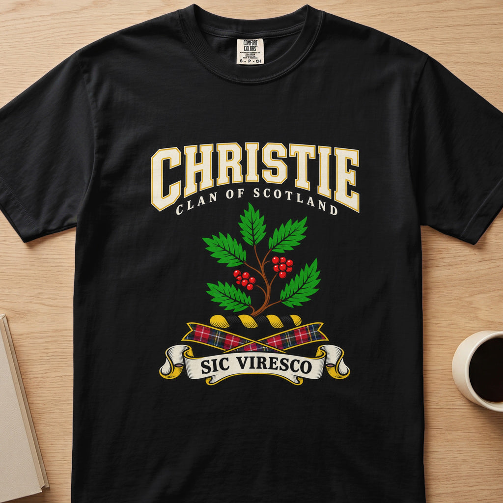 Christie clan T-shirt in black, front view with green leafy branch with red berries