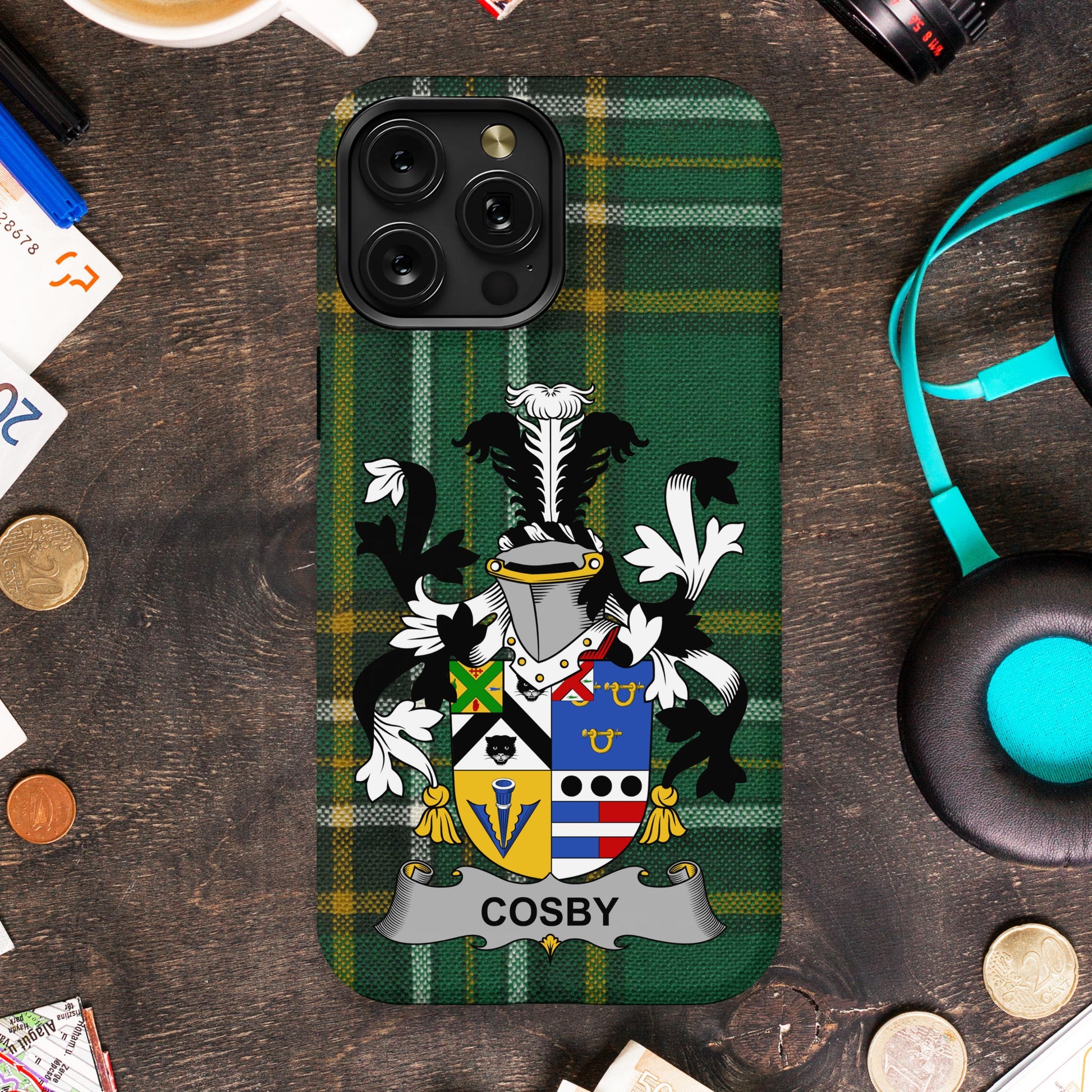 Shield and family name on green checkered iPhone case product type