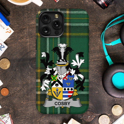 Shield and family name on green checkered iPhone case product type