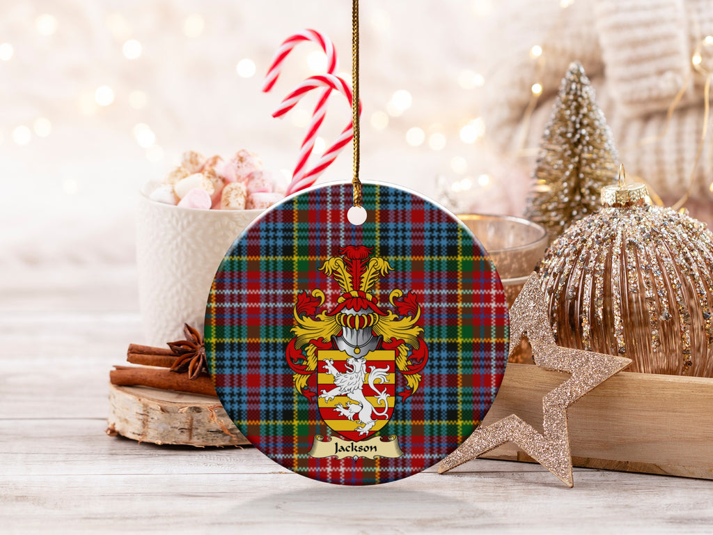 Double-sided Jackson ceramic ornament with family shield and Caledonia tartan background