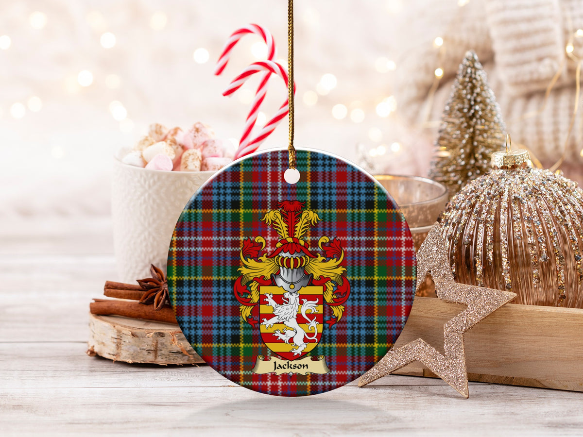 Double-sided Jackson ceramic ornament with family shield and Caledonia tartan background