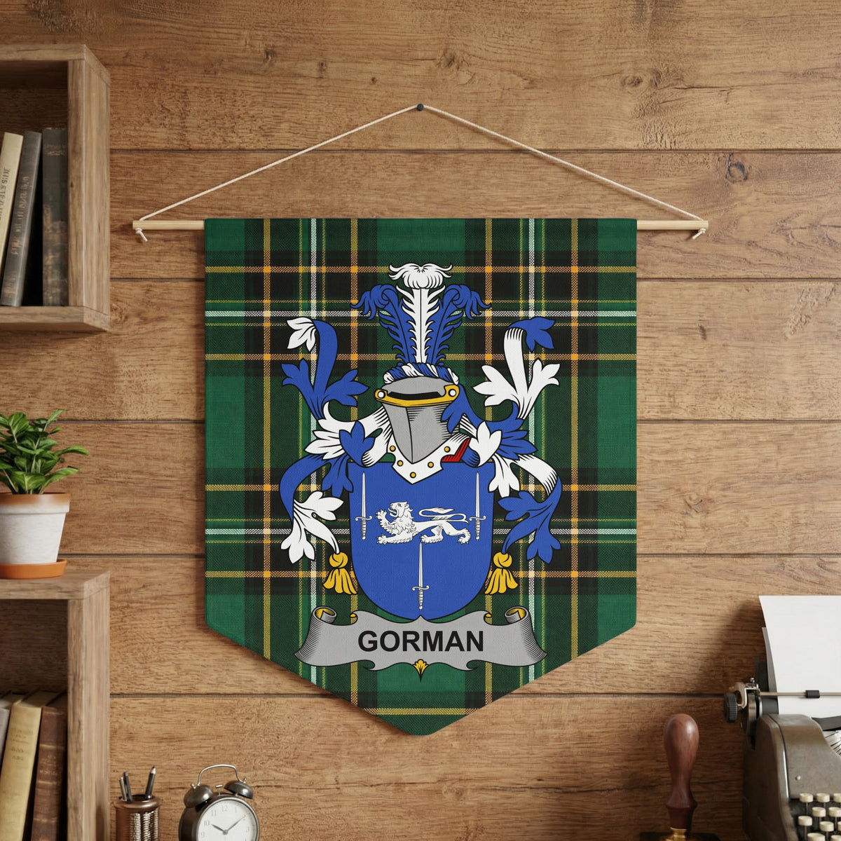 Gorman family crest on a green plaid banner hanging on a wooden wall.