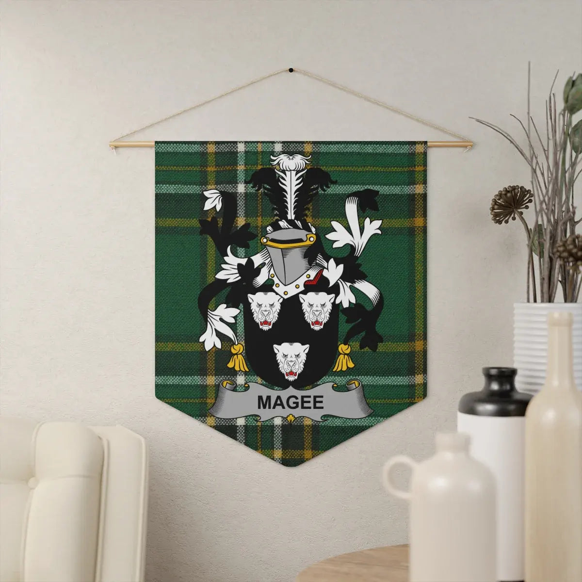 Magee Family Crest on Green Tartan Pattern Wall Decor product type