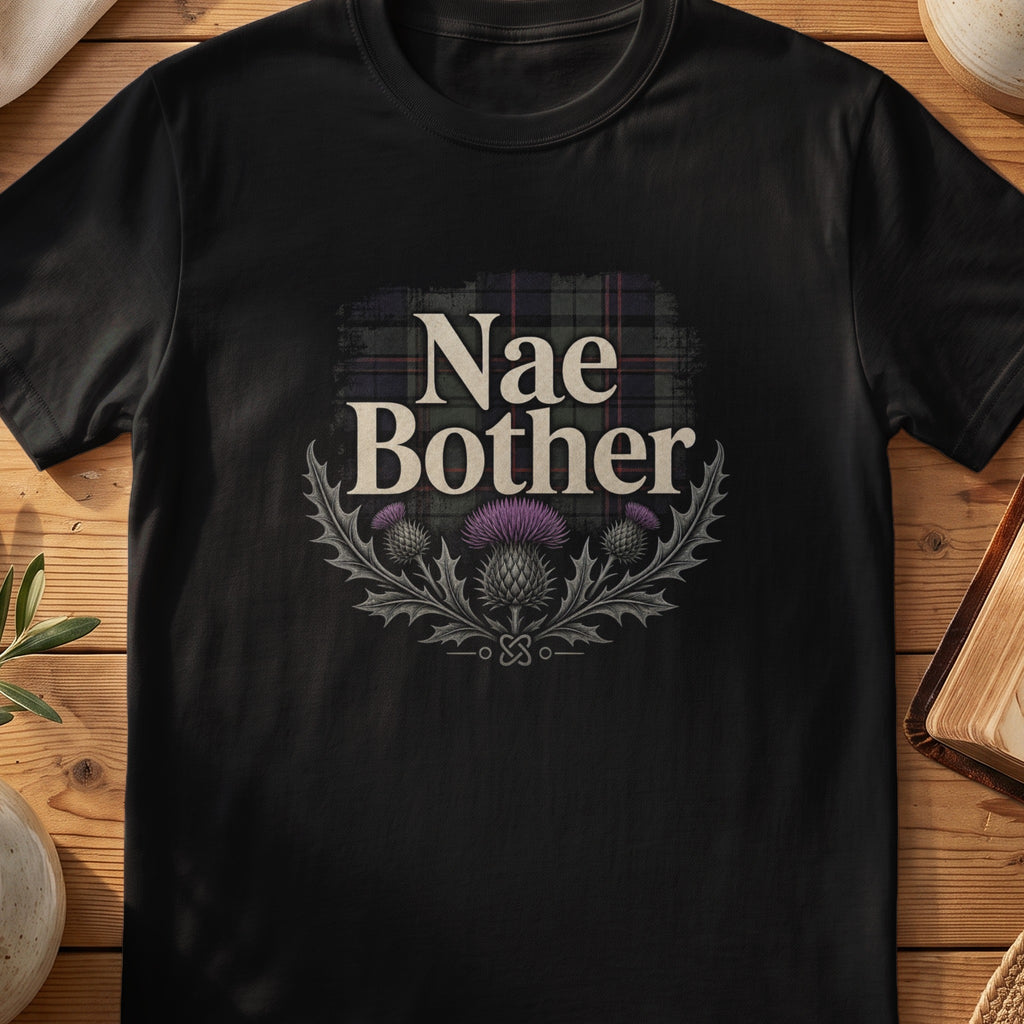 Black Gildan 64000 unisex T-shirt flatlay with Nae Bother Scottish graphic design