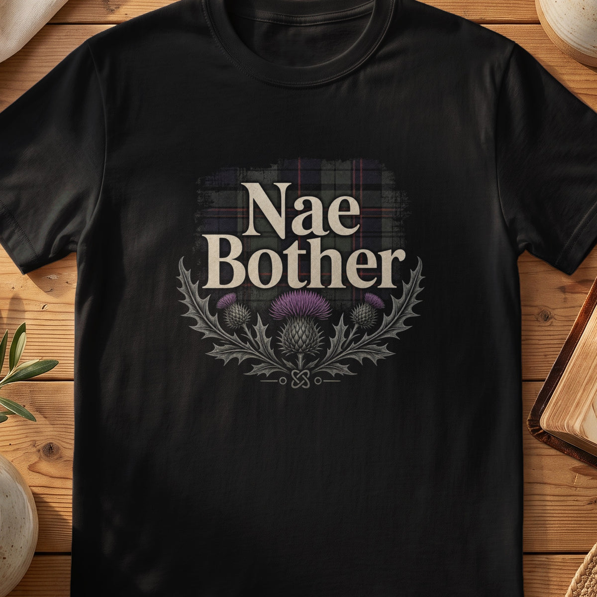 Black Gildan 64000 unisex T-shirt flatlay with Nae Bother Scottish graphic design