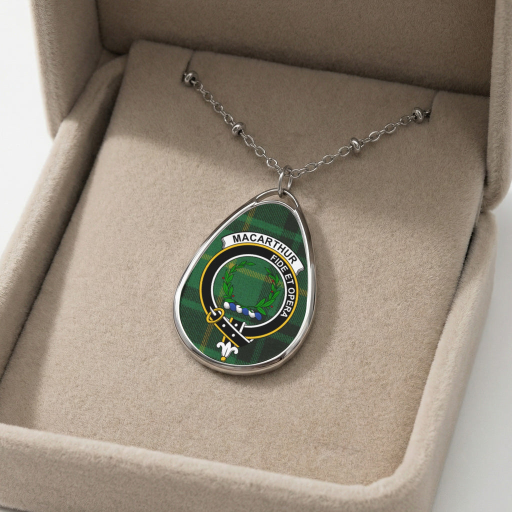 Macarthur clan crest pendant necklace with tartan and Latin motto.