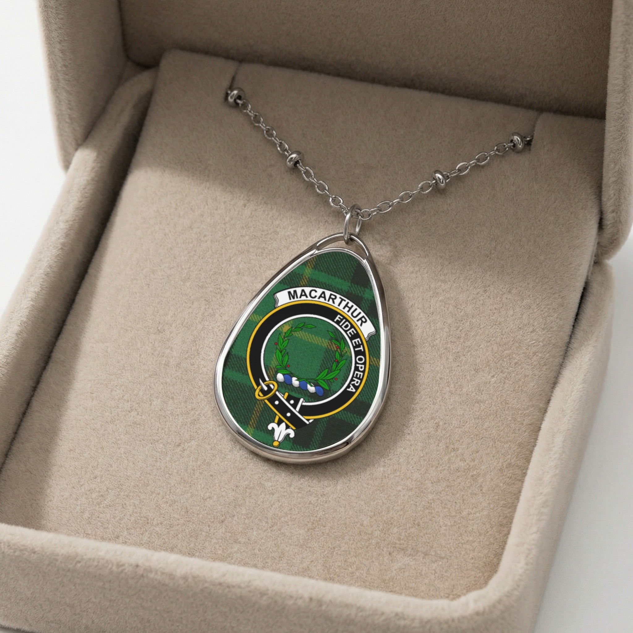 Macarthur clan crest pendant necklace with tartan and Latin motto.