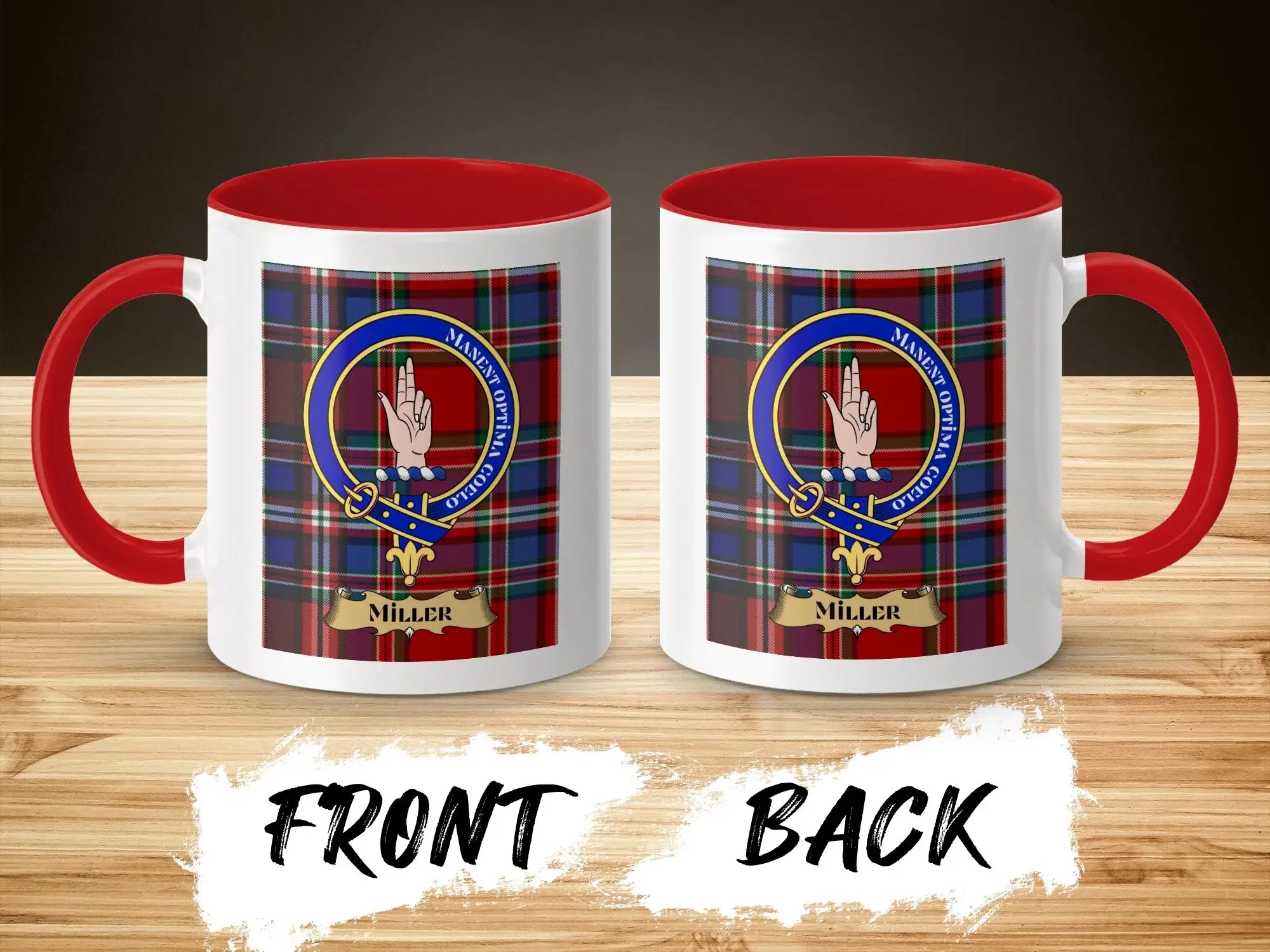 Miller tartan-background crest mug shown as a Scottish heritage gift