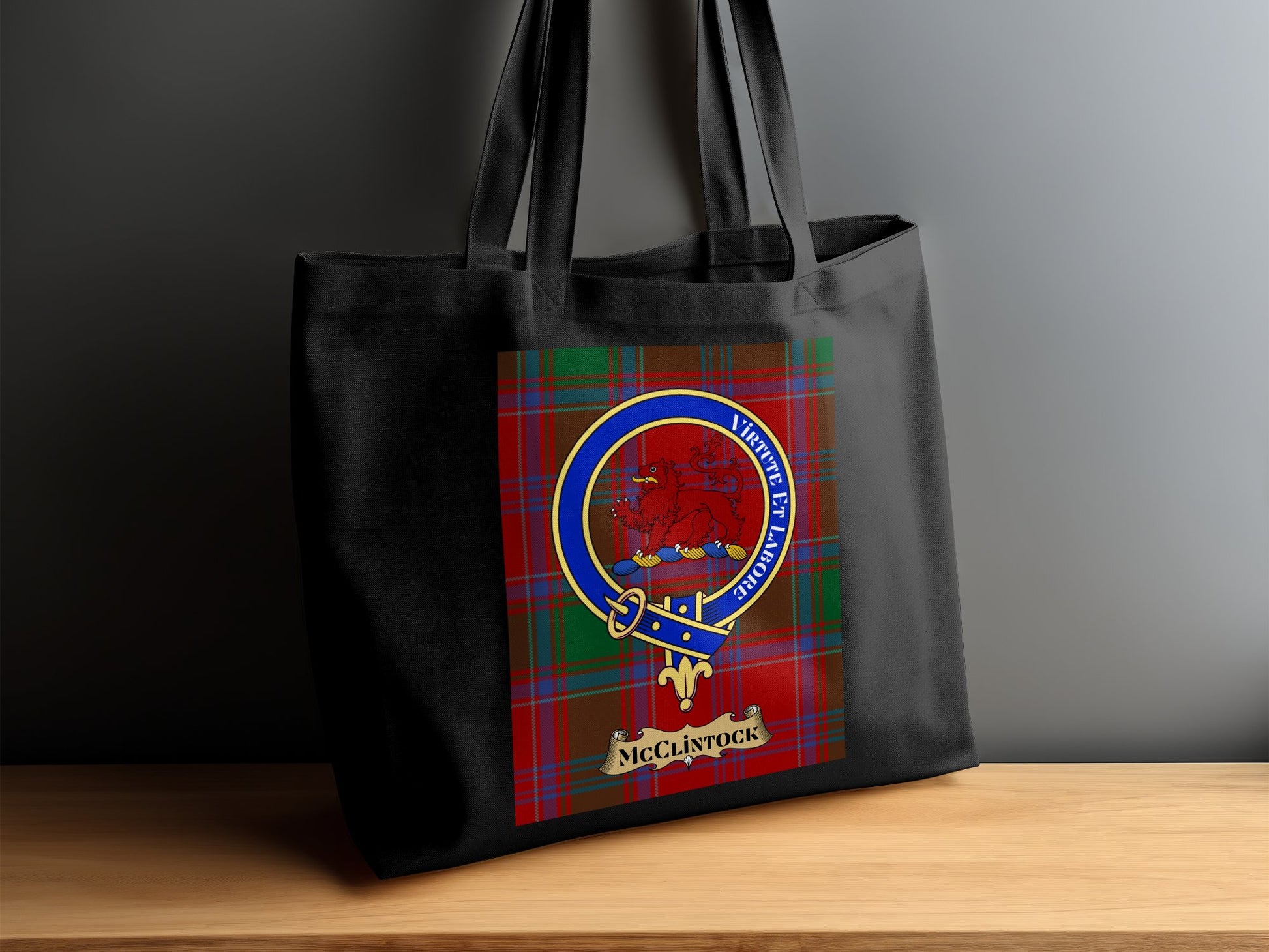 Scottish Clan Crest on Tartan Background Tote Bag - Living Stone Gifts