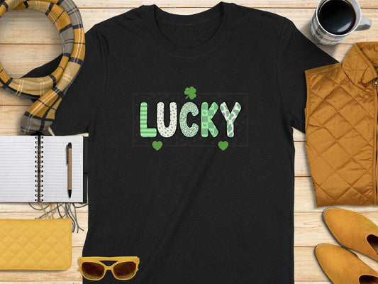 Lucky with Green Hearts and Clover Graphic T-shirt - Celtic Ancestry Gifts