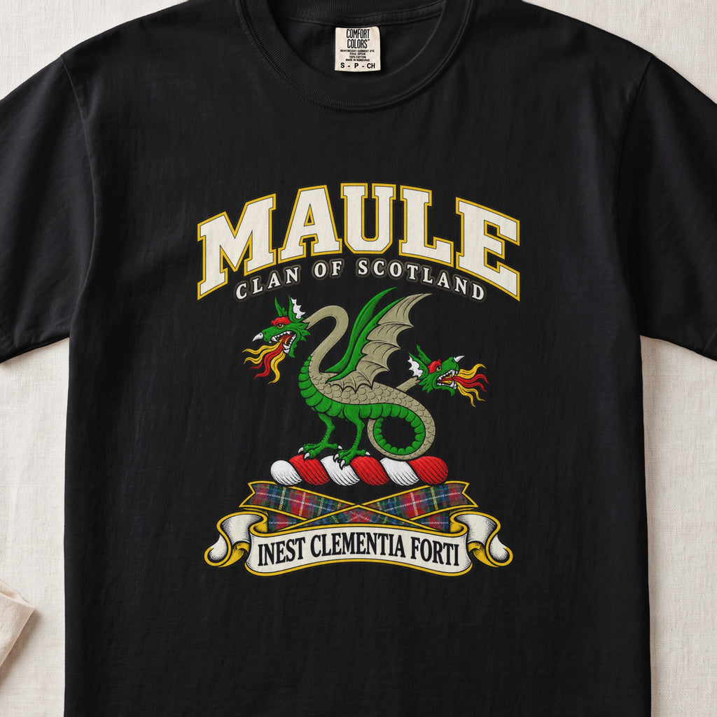 Maule Scottish clan T-shirt in Black, front view with a green two-headed winged dragon and motto design.