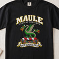 Maule Scottish clan T-shirt in Black, front view with a green two-headed winged dragon and motto design.