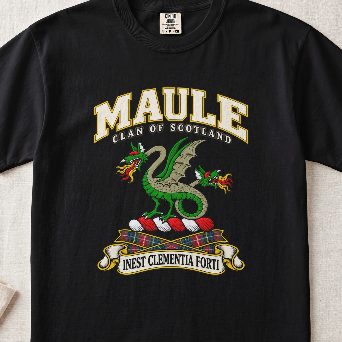 Maule Scottish clan T-shirt in Black, front view with a green two-headed winged dragon and motto design.
