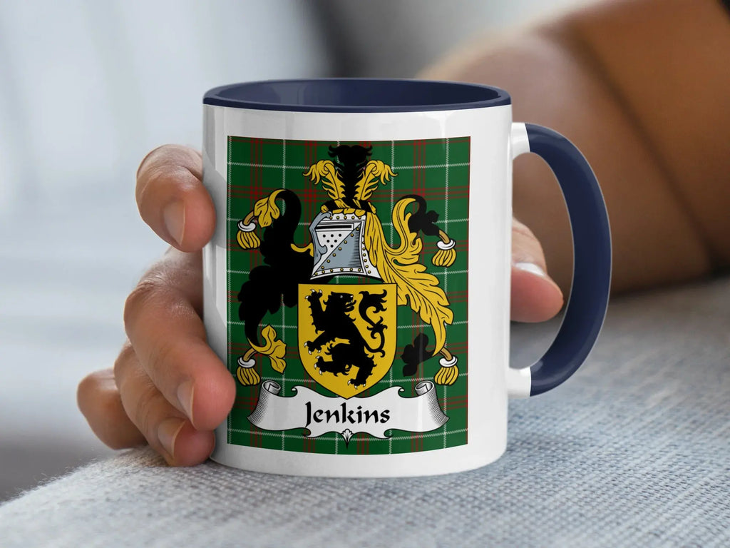Jenkins Welsh family crest mug with navy handle and coat of arms on plaid tartan