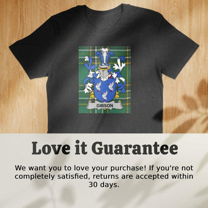 Gibson Family Crest Irish Tartan Background T-Shirt - Celtic Ancestry Gifts