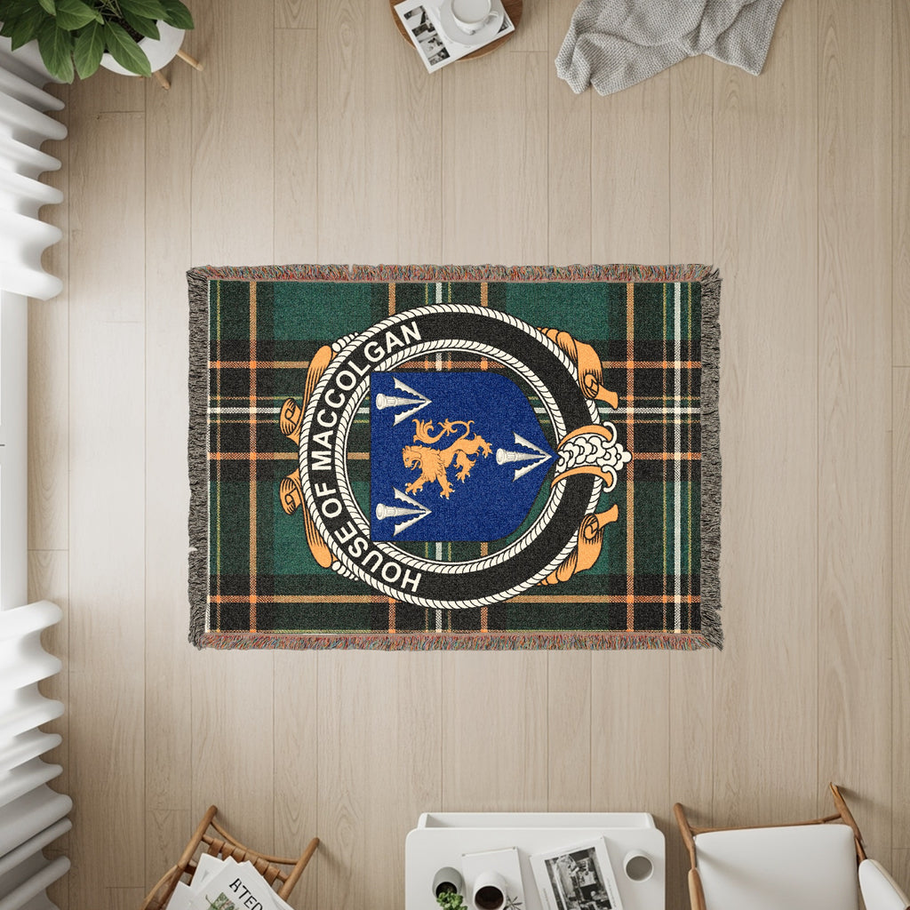 MacColgan Irish heritage woven throw with family crest emblem