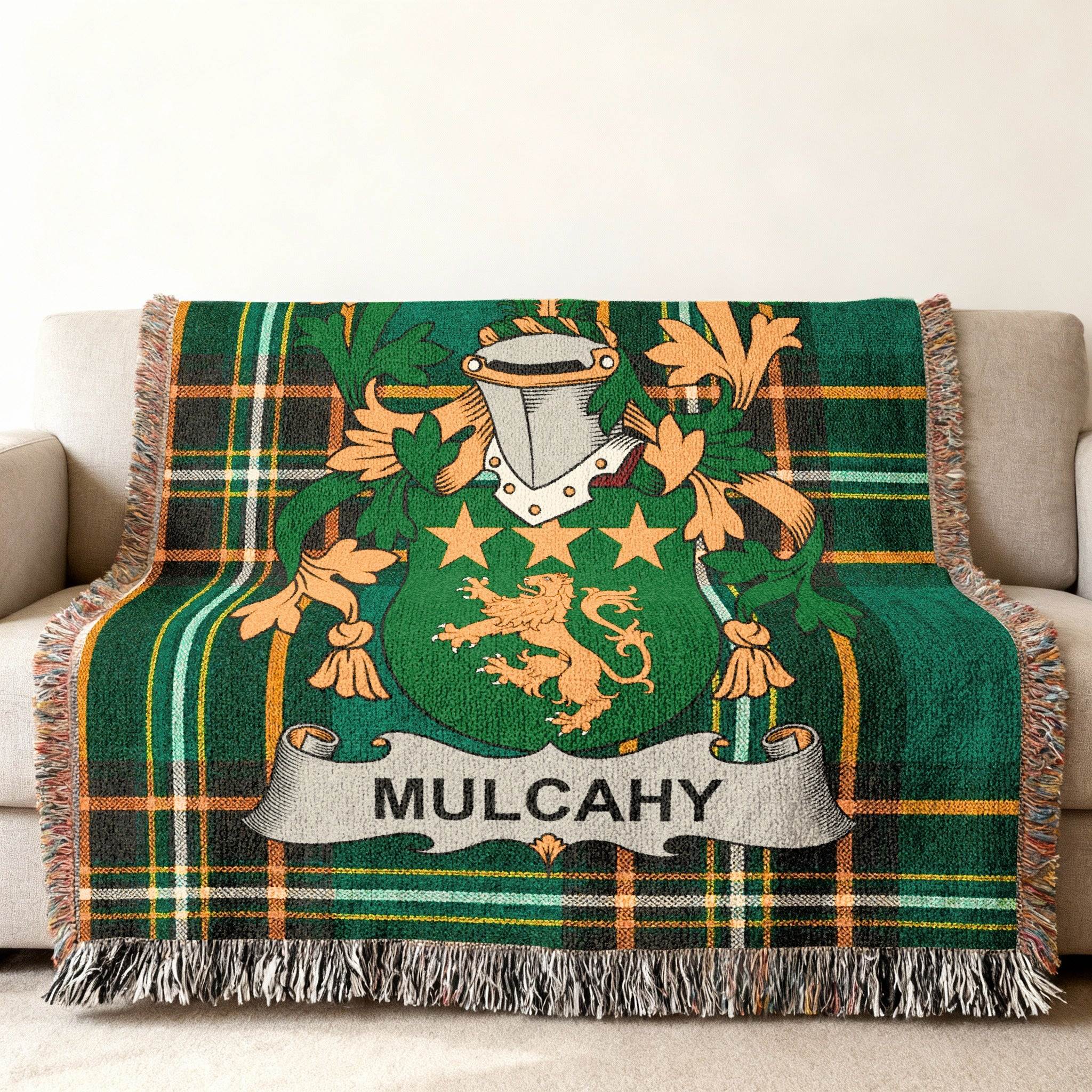 Mulcahy family crest and tartan blanket draped over a sofa.