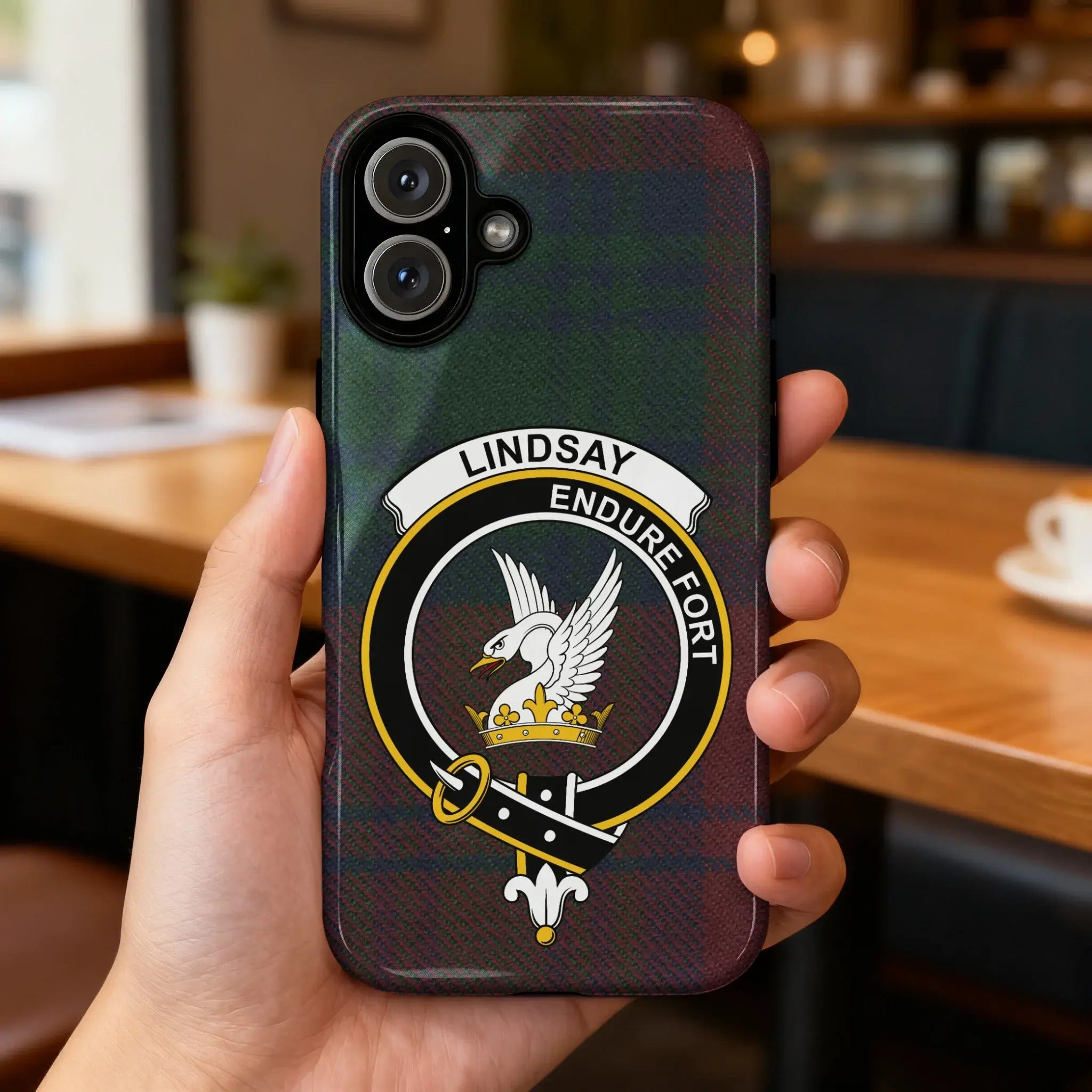Lindsay clan crest tartan phone case — edge-to-edge plaid design with Endure Fort eagle motto