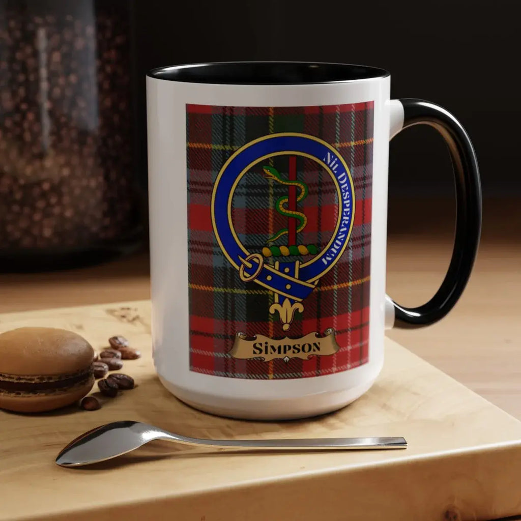Close-up of the Simpson clan crest printed on a ceramic mug