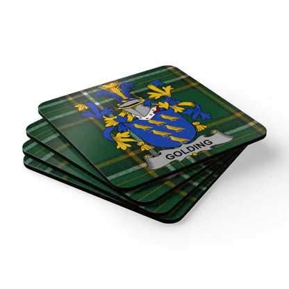 Golding Family Crest on Plaid Background Coasters product