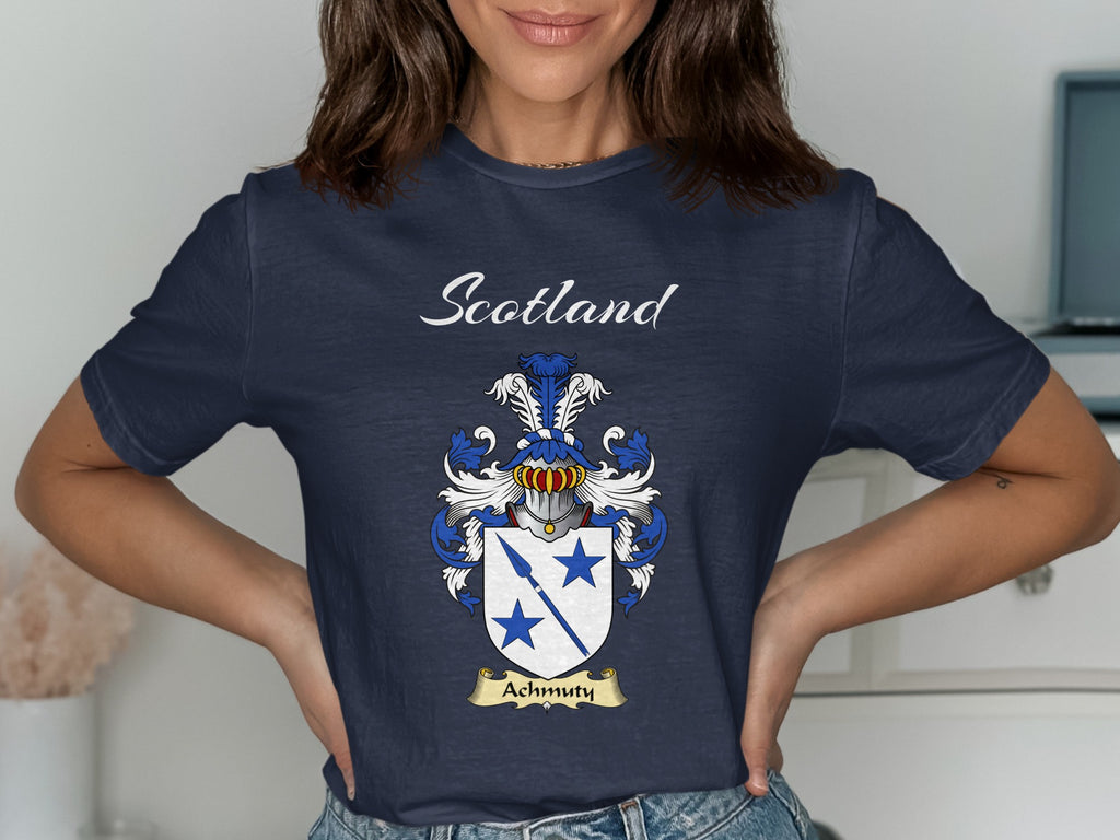 Achmuty Scottish family shield design on Navy T-shirt