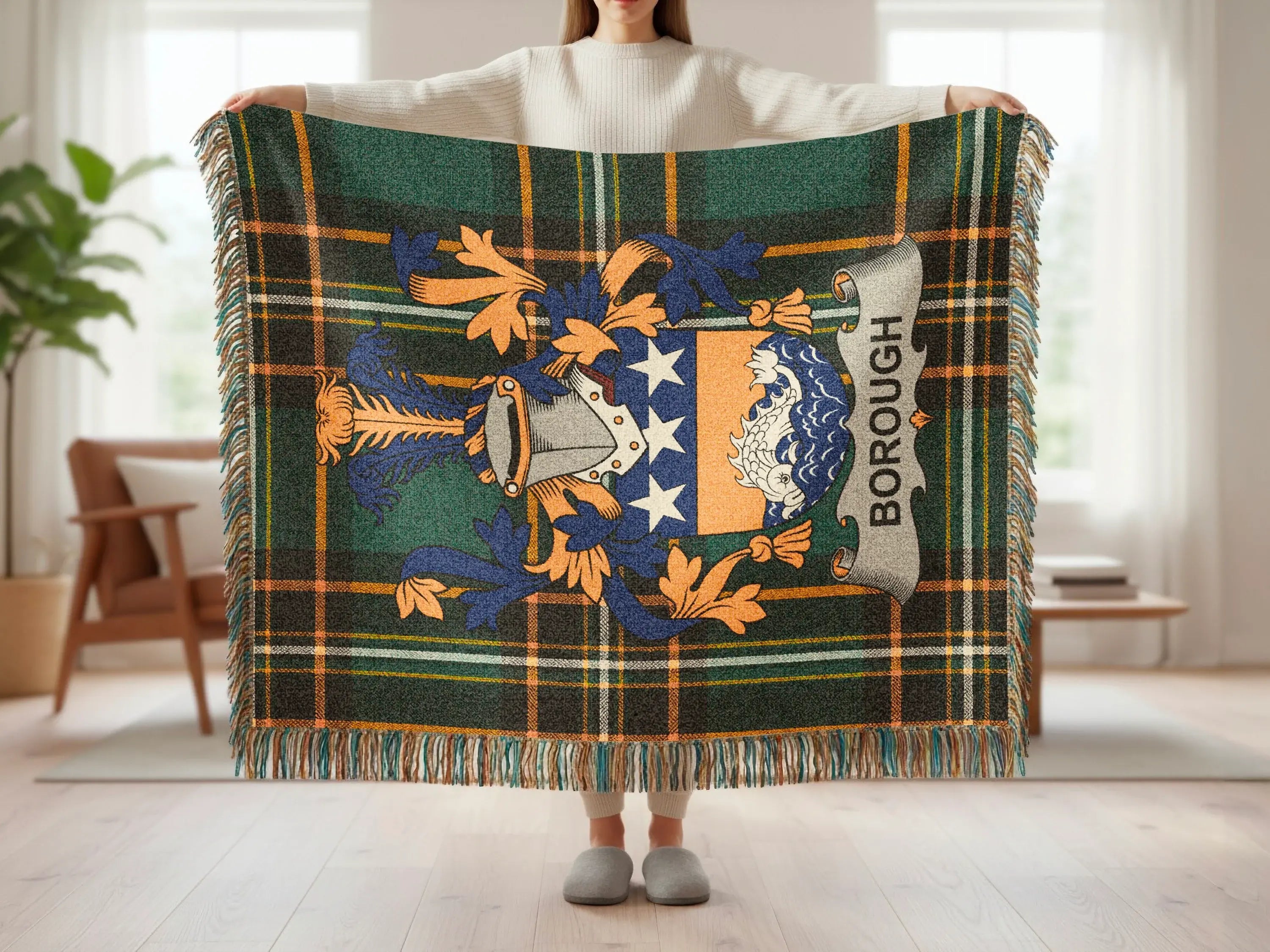 Borough Crest Plaid Pattern Fringed Blanket product type